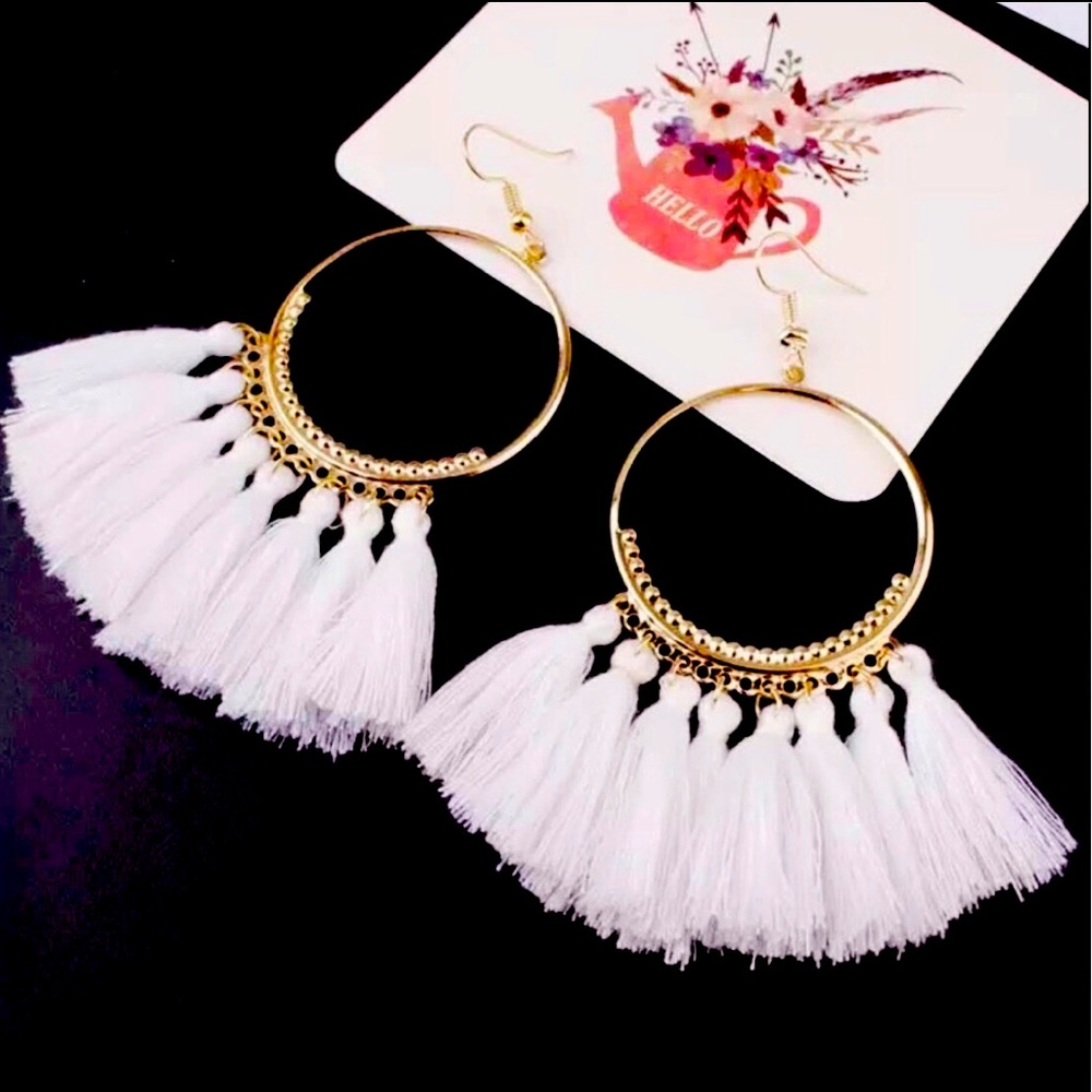 NEW Gold Hoop White Tassel Fringe Earrings - Picture 1 of 4